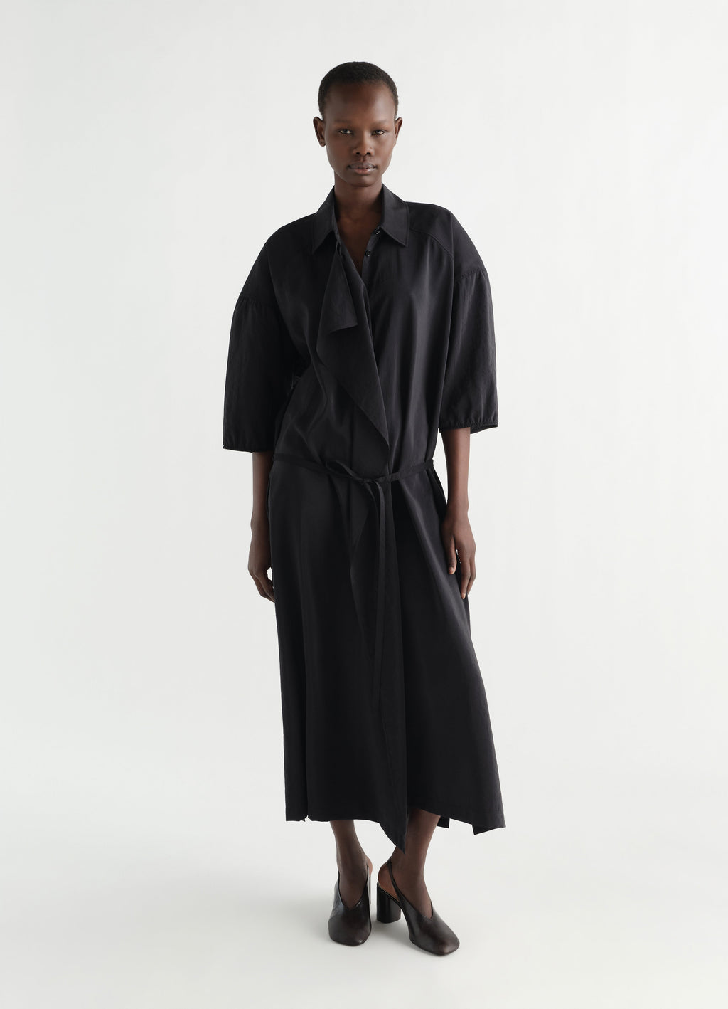 ASYMMETRICAL SHIRT DRESS IN DRY SILK