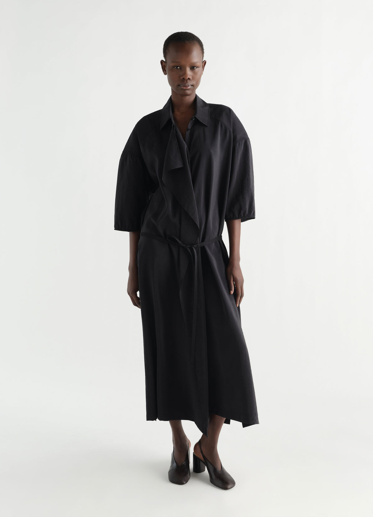 ASYMMETRICAL SHIRT DRESS IN DRY SILK