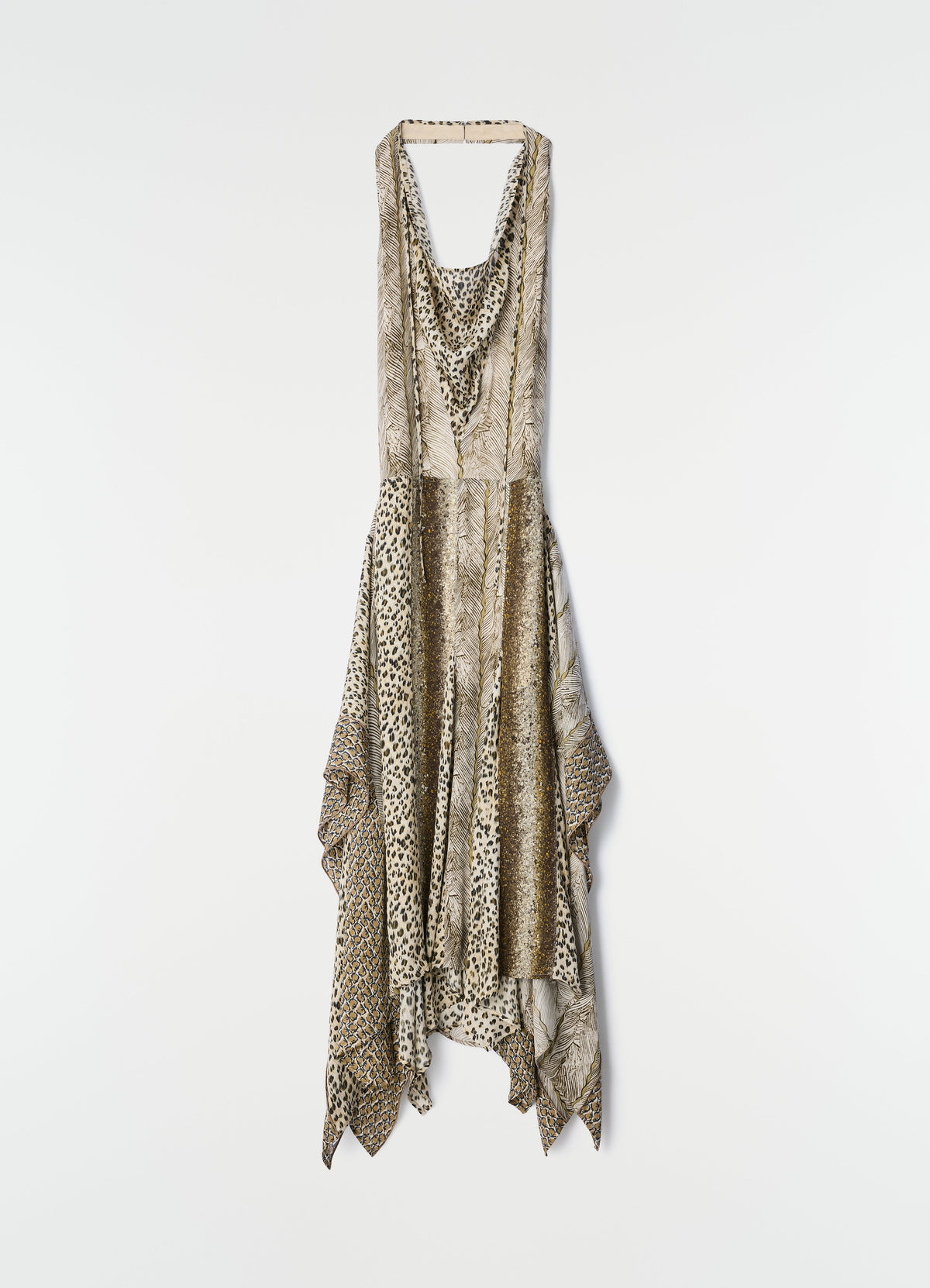 PRINTED PANELED DRESS IN FEATHER PRINTED VISCOSE