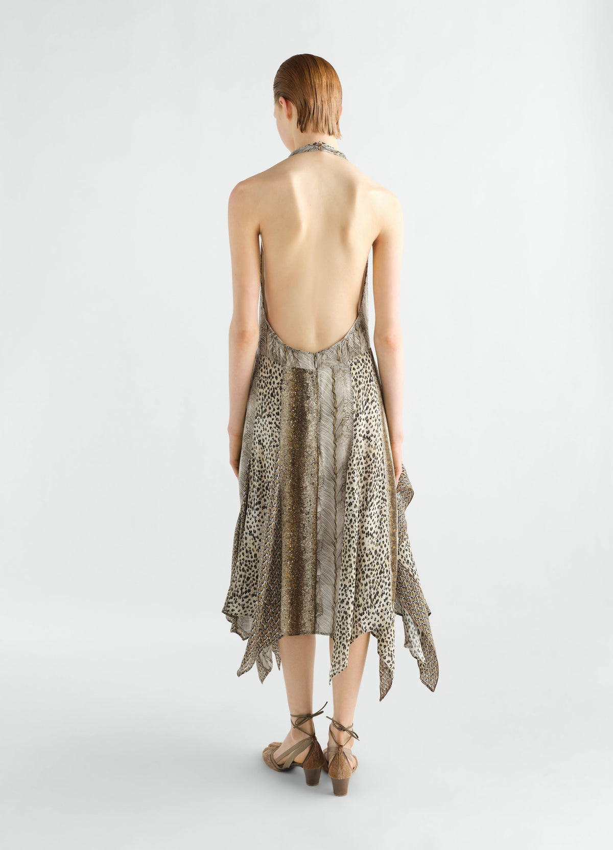 PRINTED PANELED DRESS IN FEATHER PRINTED VISCOSE