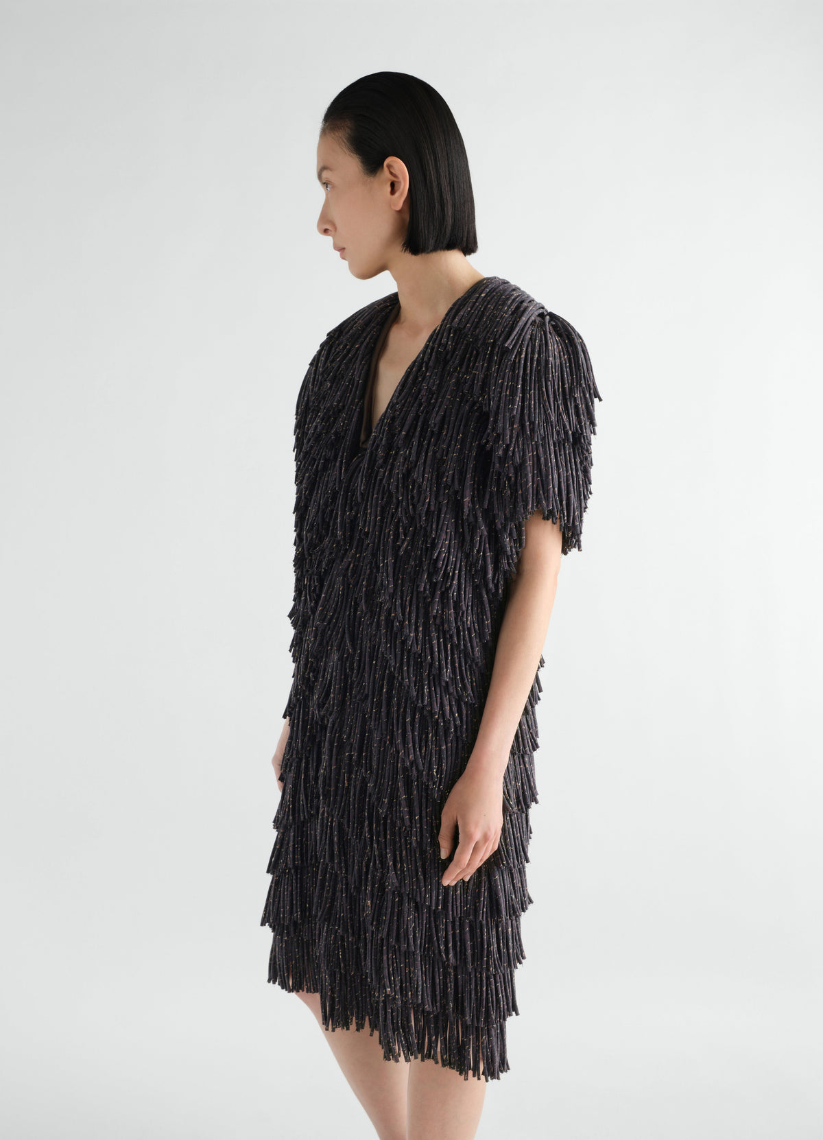 FRINGED DRESS IN SNAKE PRINTED DRY SILK