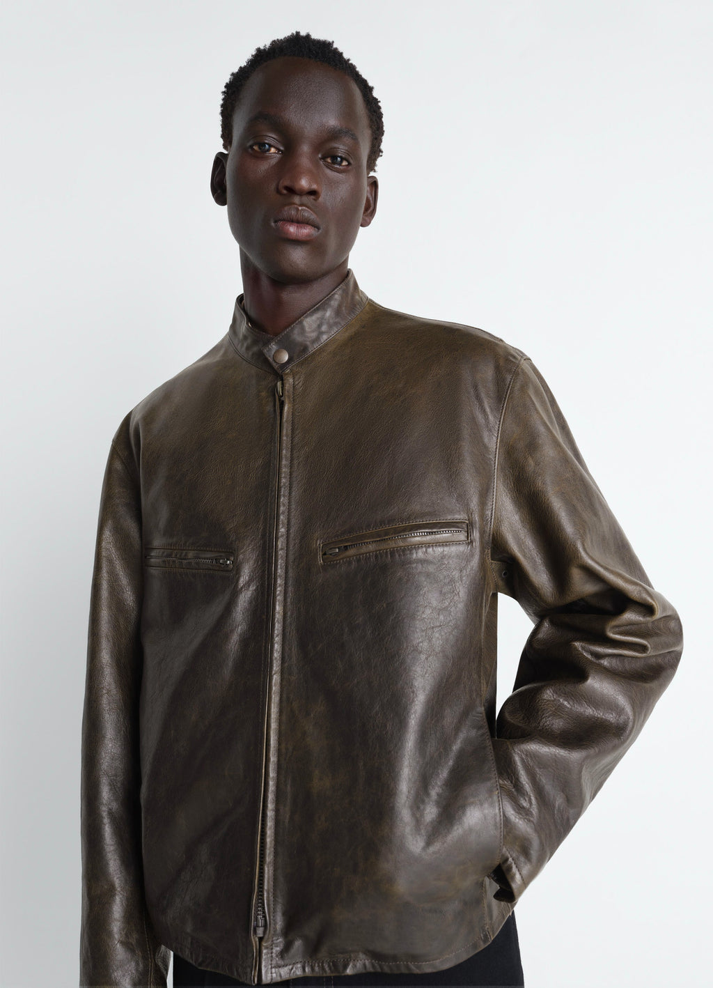BOXY BIKER JACKET IN WAXY COW LEATHER