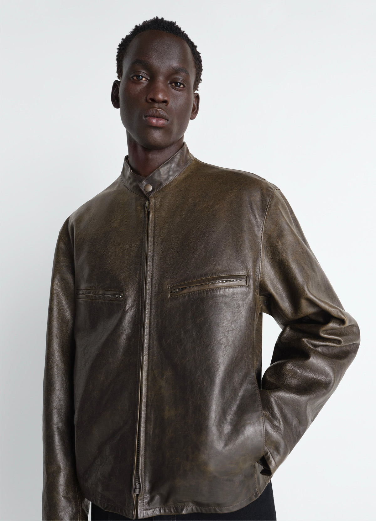 BOXY BIKER JACKET IN WAXY COW LEATHER