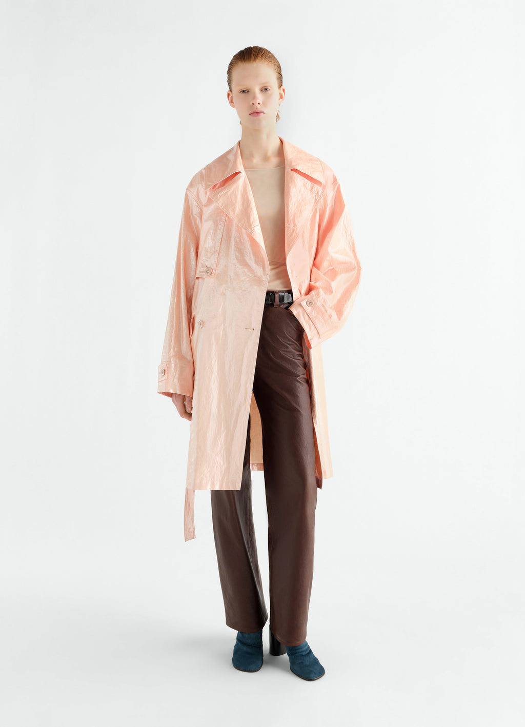 TRENCH-COAT EN LIN ENDUIT BRILLANT DÉPERLANT