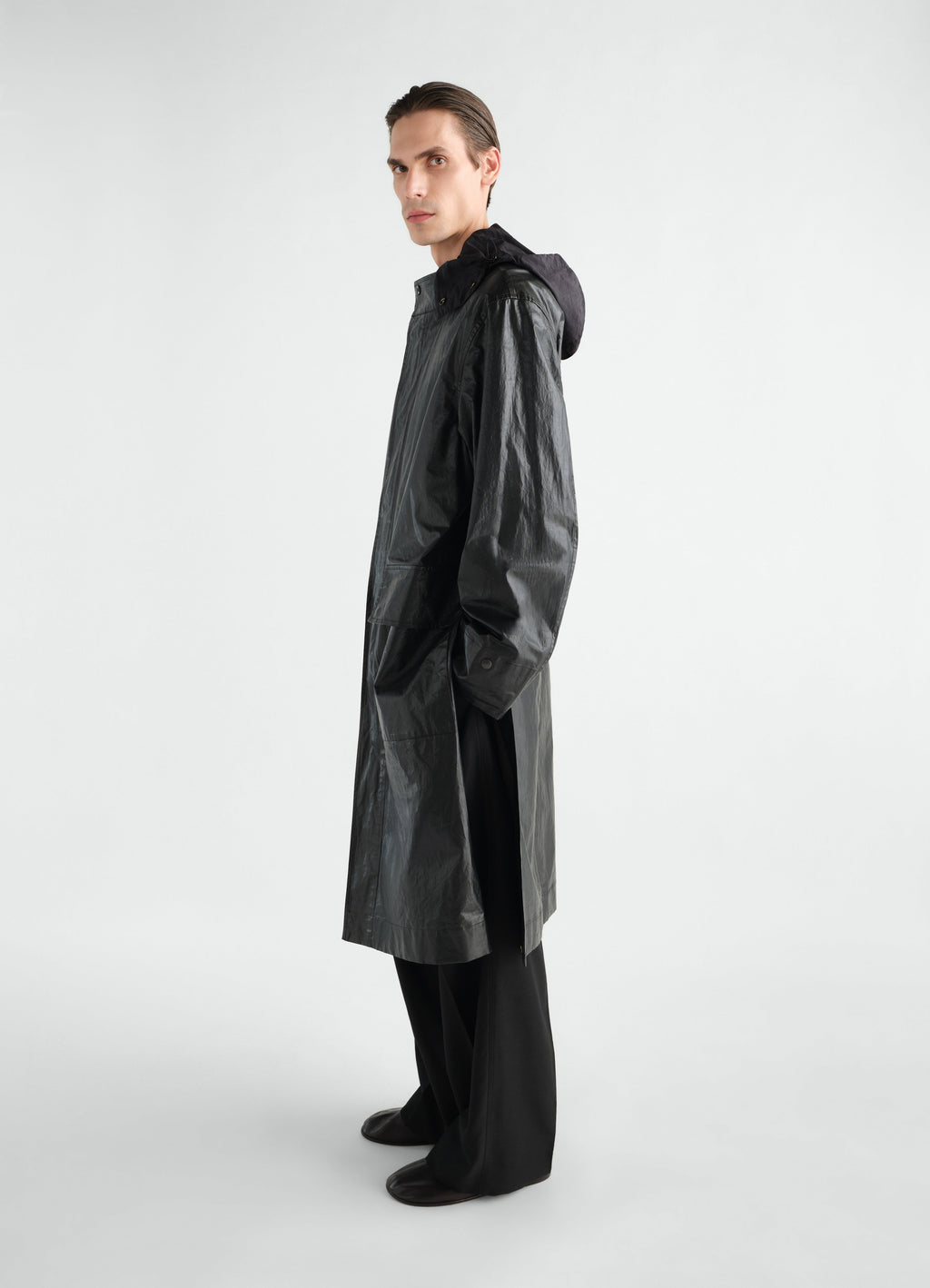 IMPERMÉABLE LONG EN COTON ET LIN CAOUTCHOUTÉ