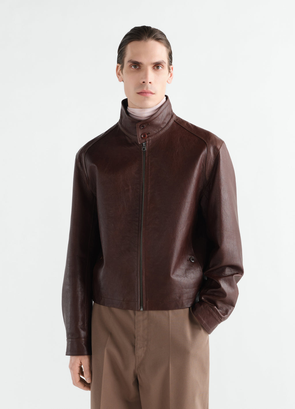 LEATHER HARRINGTON BLOUSON IN GLOSSY COW LEATHER