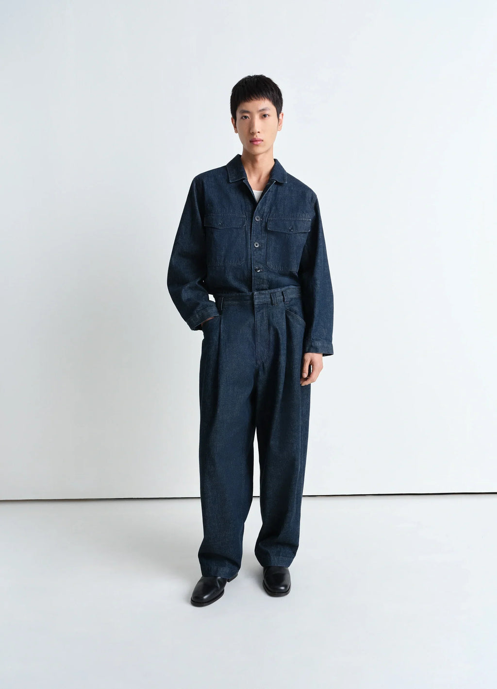 PANTALON DE TRAVAIL À PLIS EN DENIM INDIGO ÉPAIS