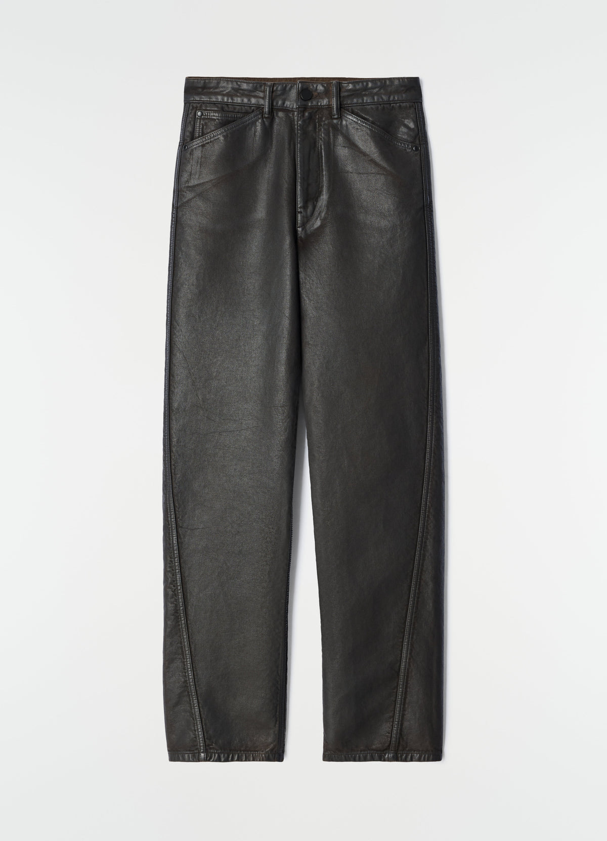 PANTALON TWISTÉ CINQ POCHES EN DENIM ENDUIT
