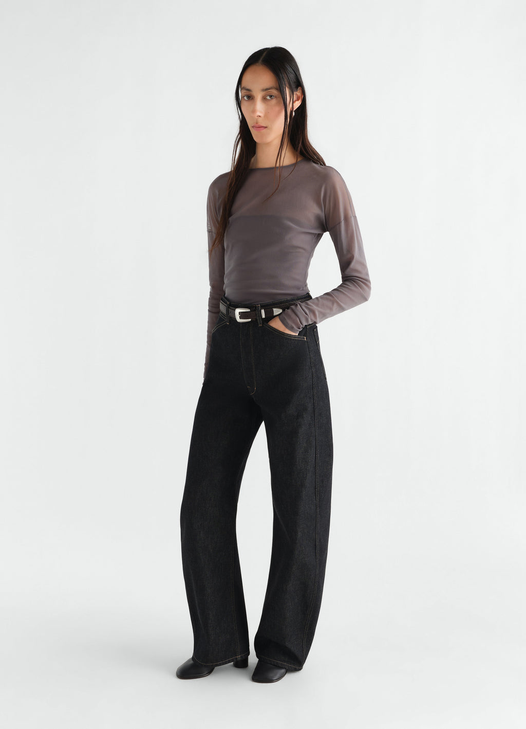 HIGH WAISTED CURVED PANTS IN HEAVY SLATE DENIM
