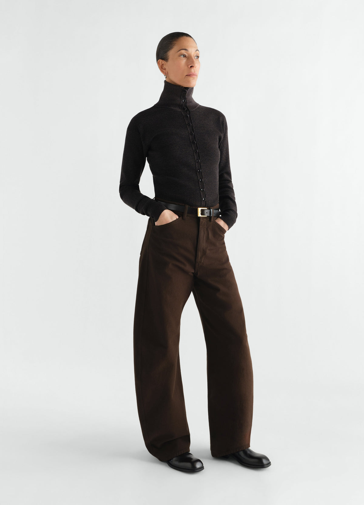 PANTALON COURBE À TAILLE HAUTE EN TWILL ÉPAIS TEINT EN PIÈCE