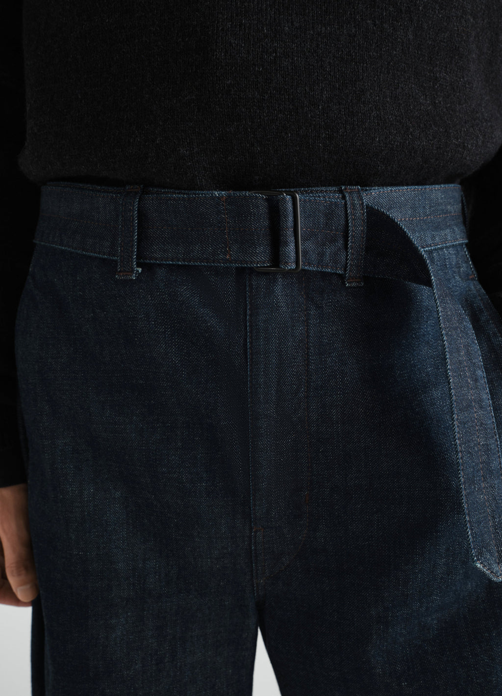 TWISTED BELTED PANTS IN HEAVY INDIGO DENIM