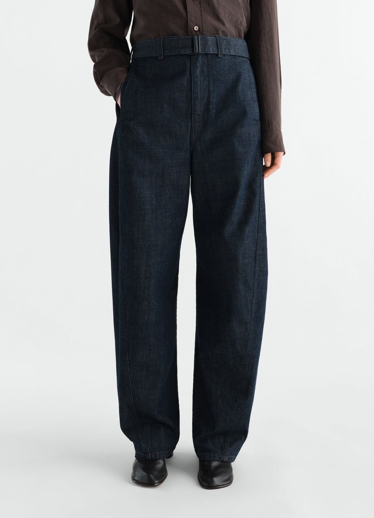 TWISTED BELTED PANTS IN HEAVY INDIGO DENIM