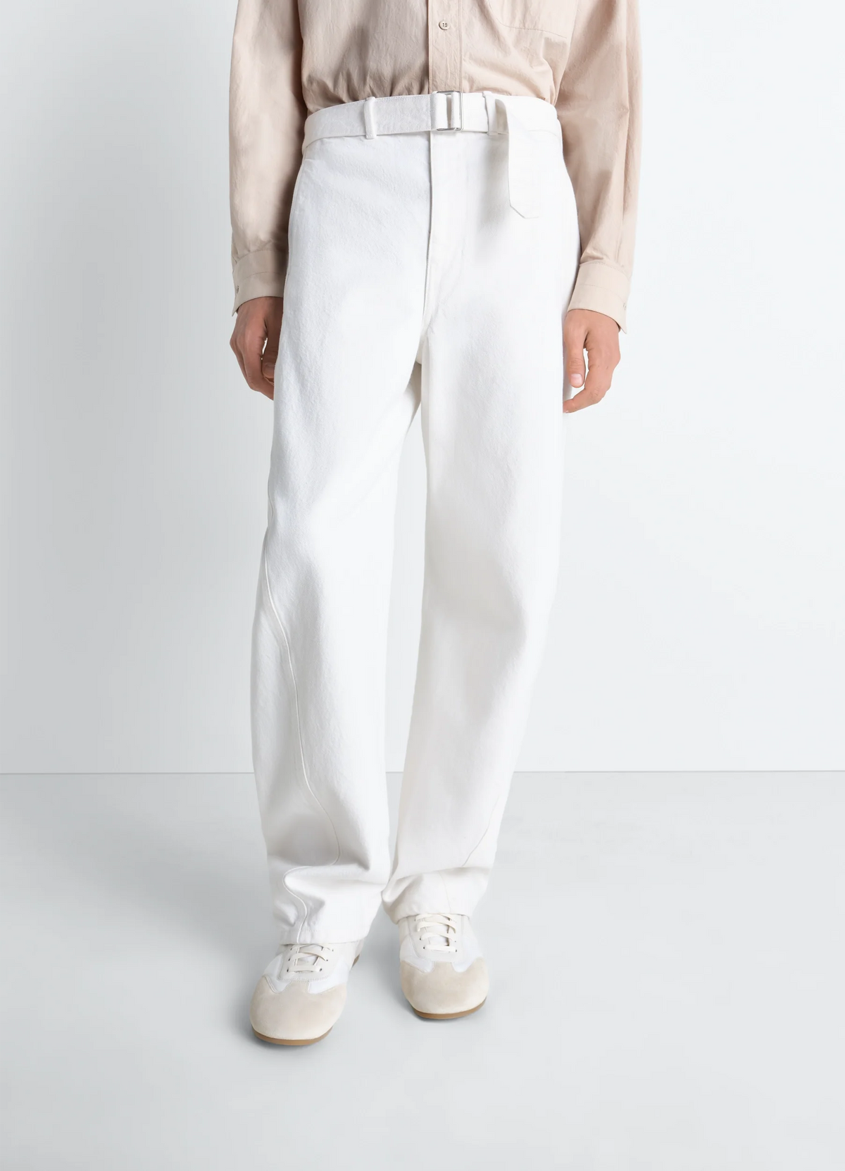TWISTED BELTED PANTS IN BLEACHED HEAVY DENIM