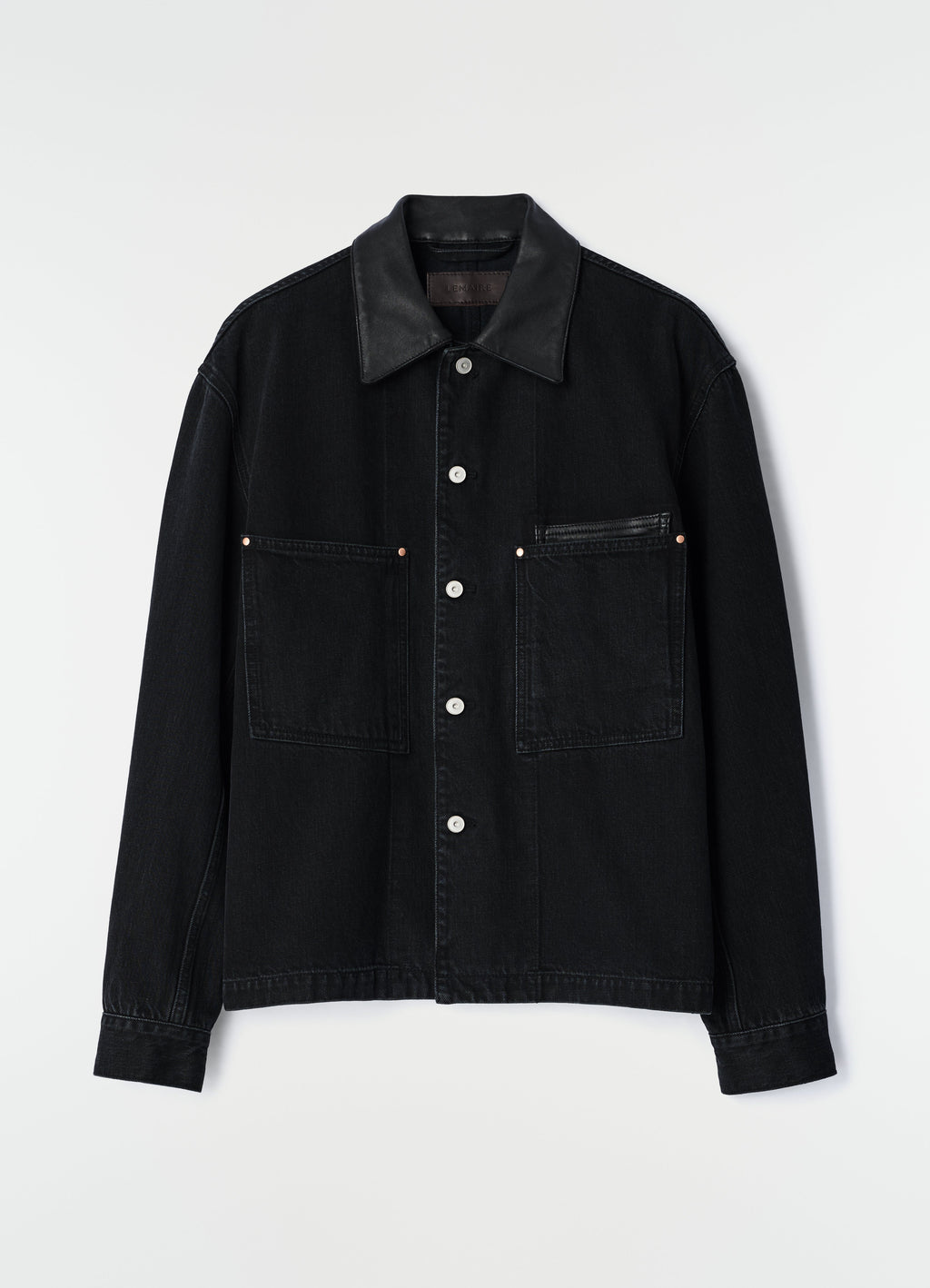 WORKWEAR OVERSHIRT WITH LEATHER COLLAR IN BLACK SELVEDGE DENIM