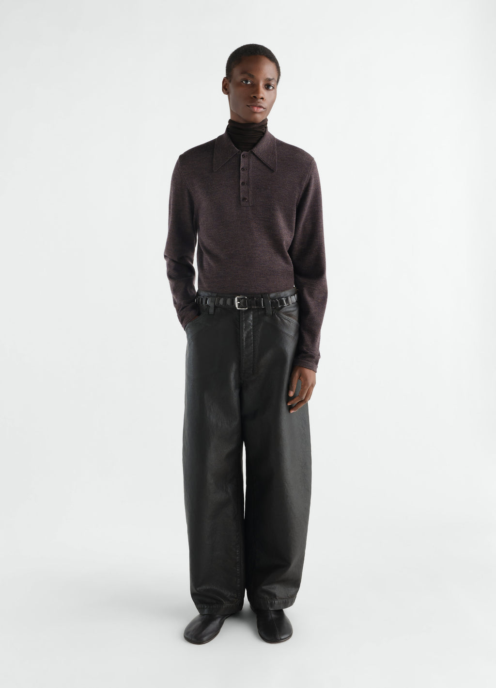 LS KNITTED POLO TOP IN MOULINE FINE MERINO WOOL