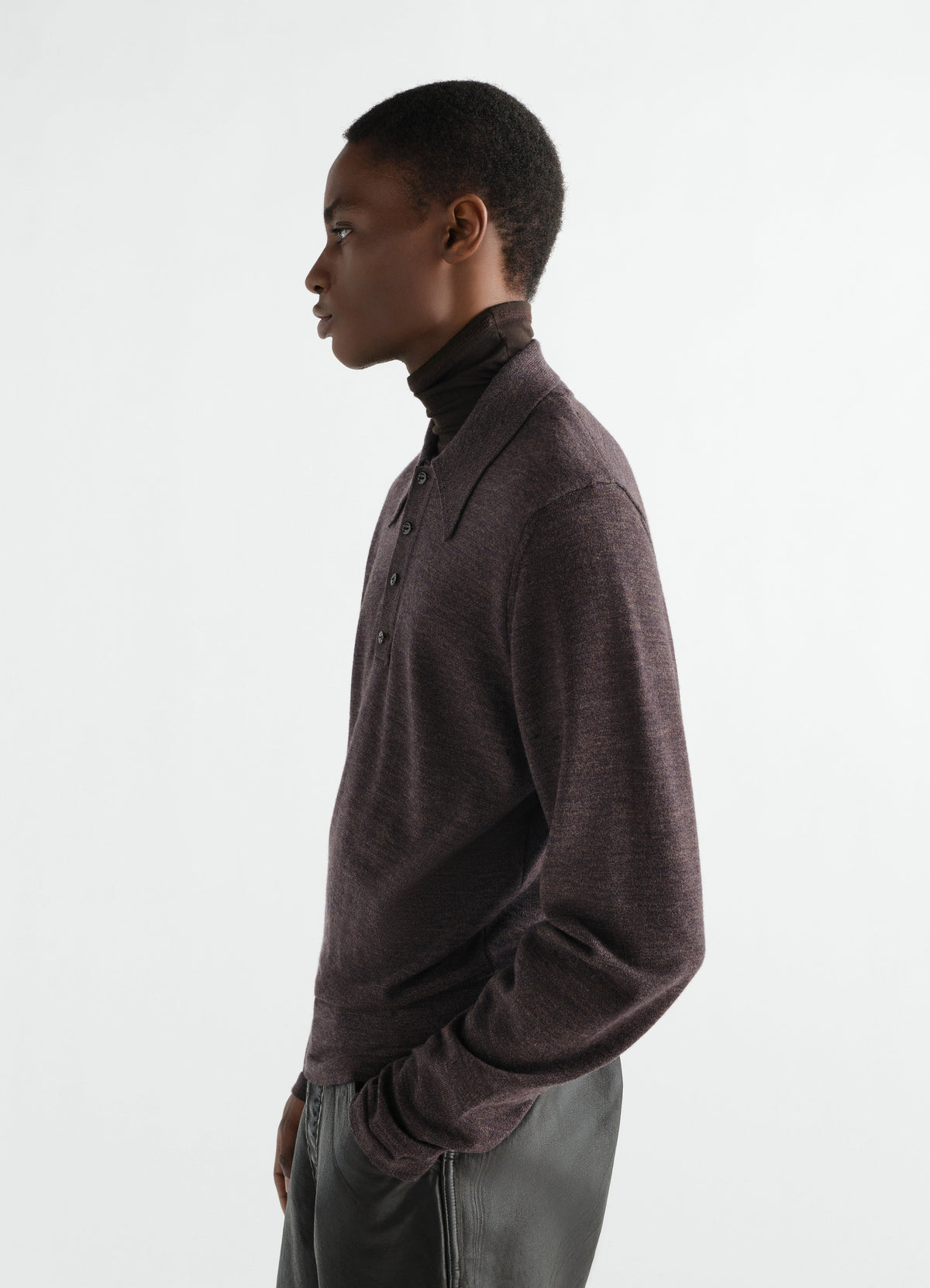 LS KNITTED POLO TOP IN MOULINE FINE MERINO WOOL