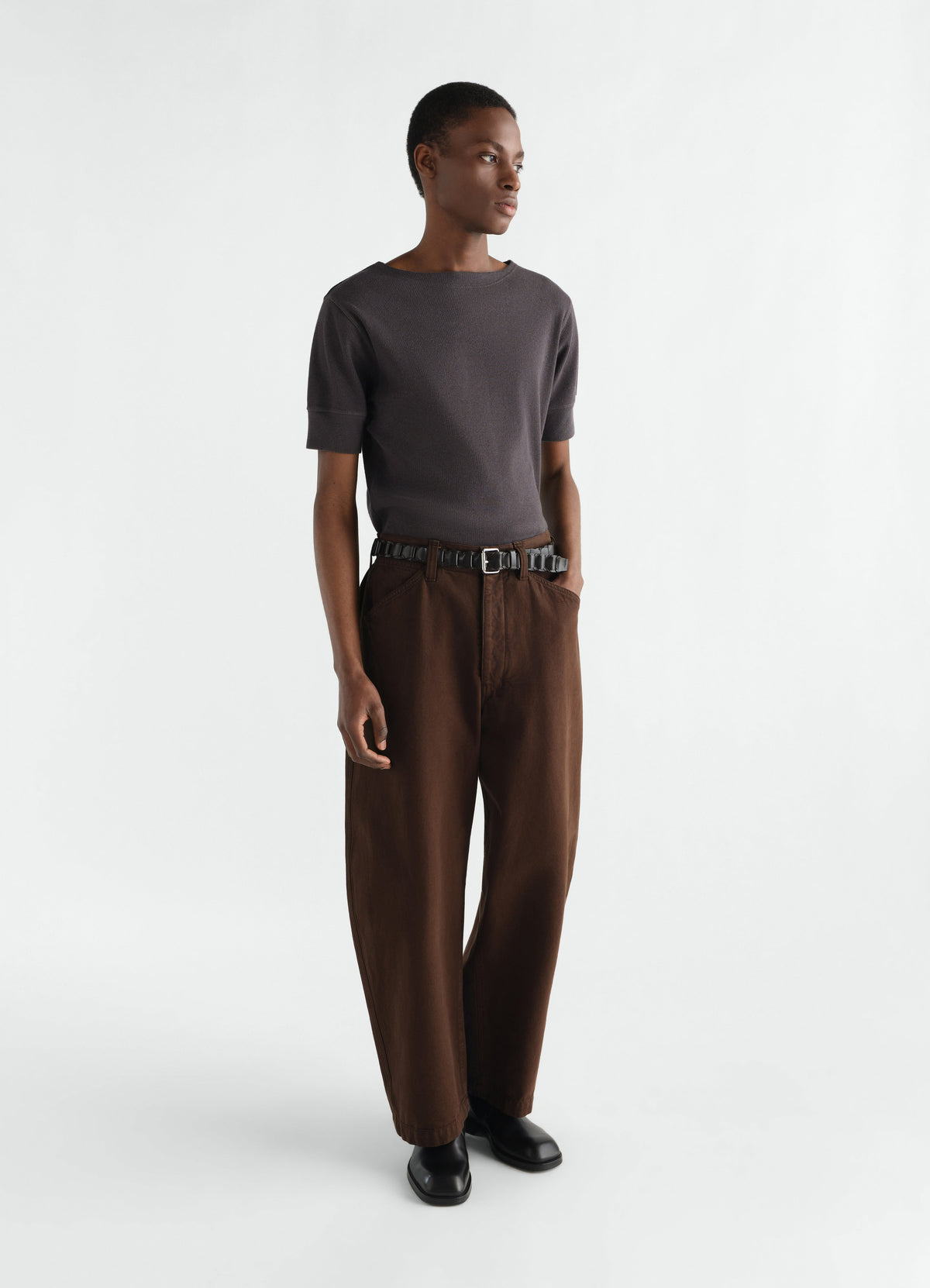 BOAT NECK RIBBED TEE IN COTTON LINEN RIB JERSEY