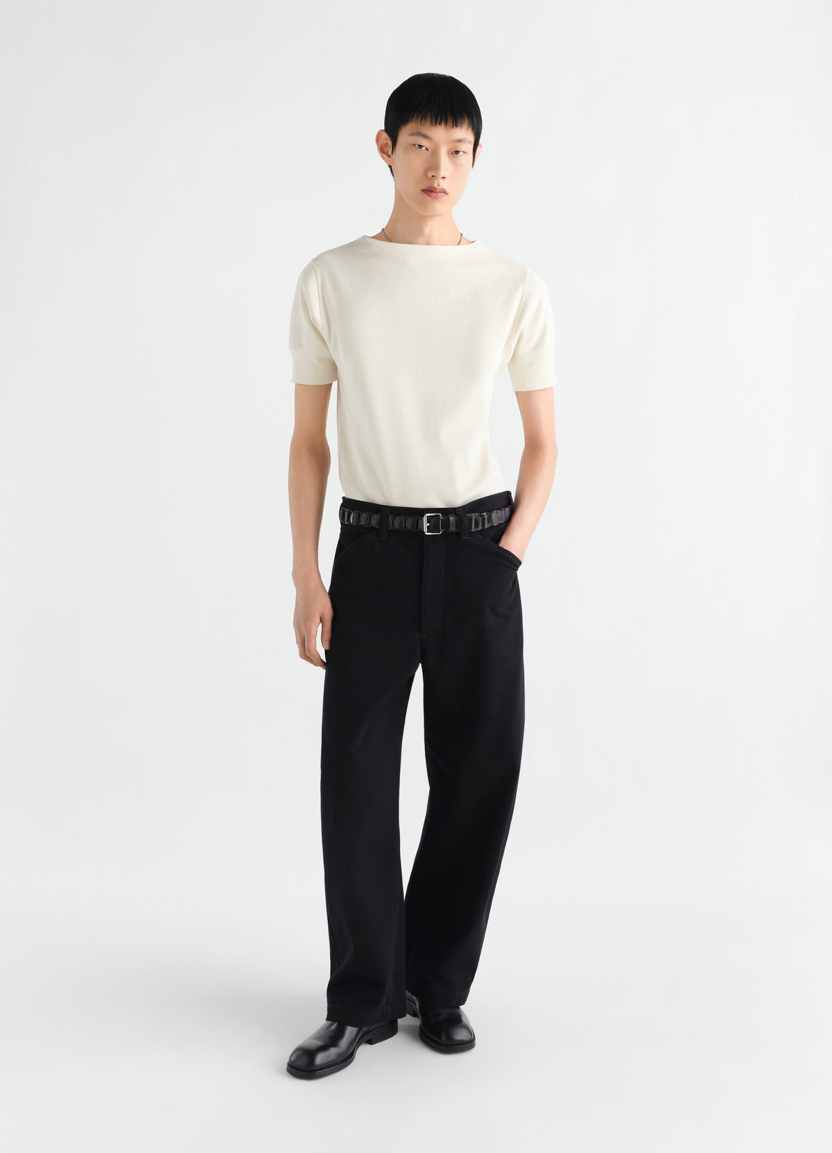 BOAT NECK RIBBED TEE IN COTTON LINEN RIB JERSEY
